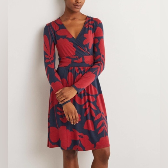 Boden Layla Floral Jersey Faux Wrap Fit&Flare Dress Winterberry Flora Boom Sz 8P - Picture 1 of 13